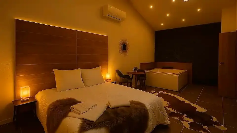 Chambre tamisée de la Suite Paradise avec baignoire balnéo, à Aubagne