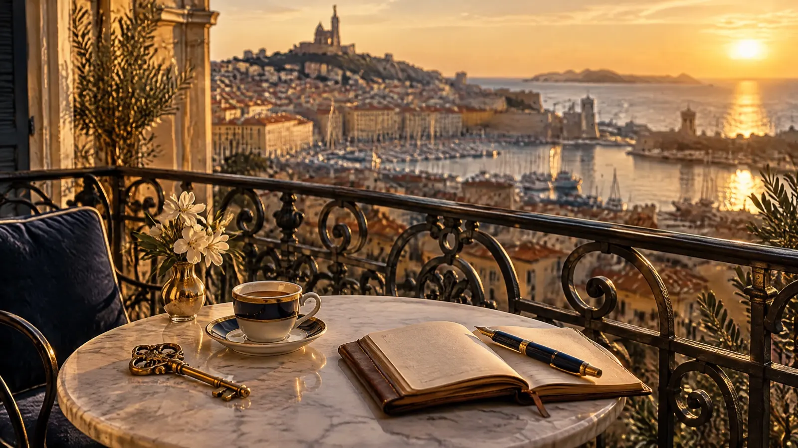 Balcon d'un appartement marseillais au coucher du soleil, vue sur le Vieux-Port et Notre-Dame de la Garde (illustration)