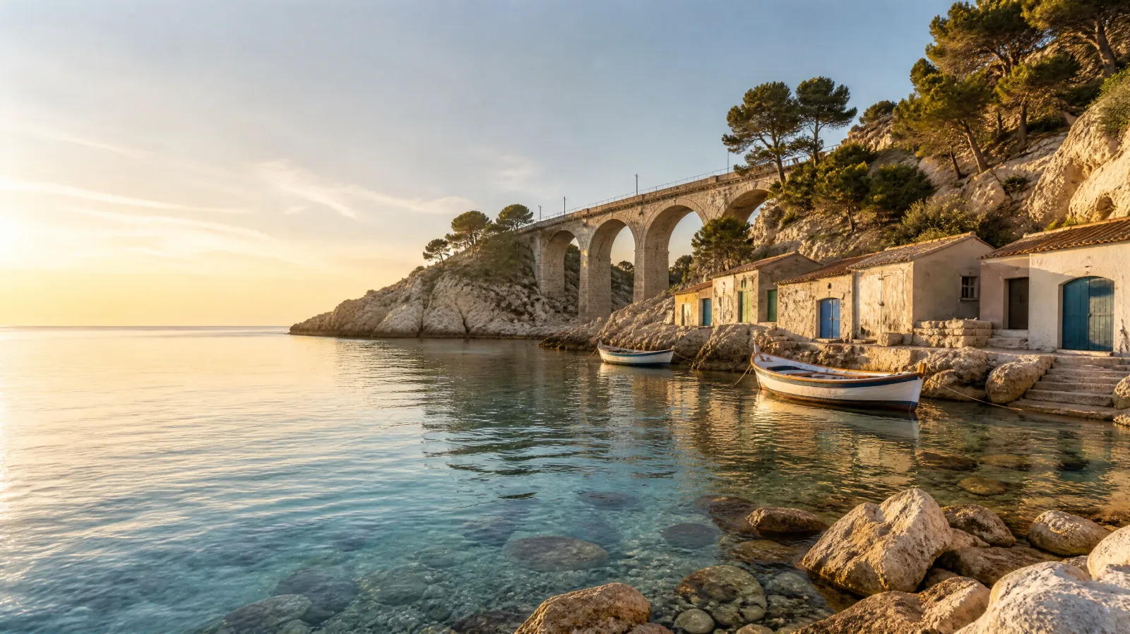 Calanque de la Côte Bleue au soleil couchant, eau turquoise, cabanons de pêcheurs et viaduc de pierre du train (illustration)