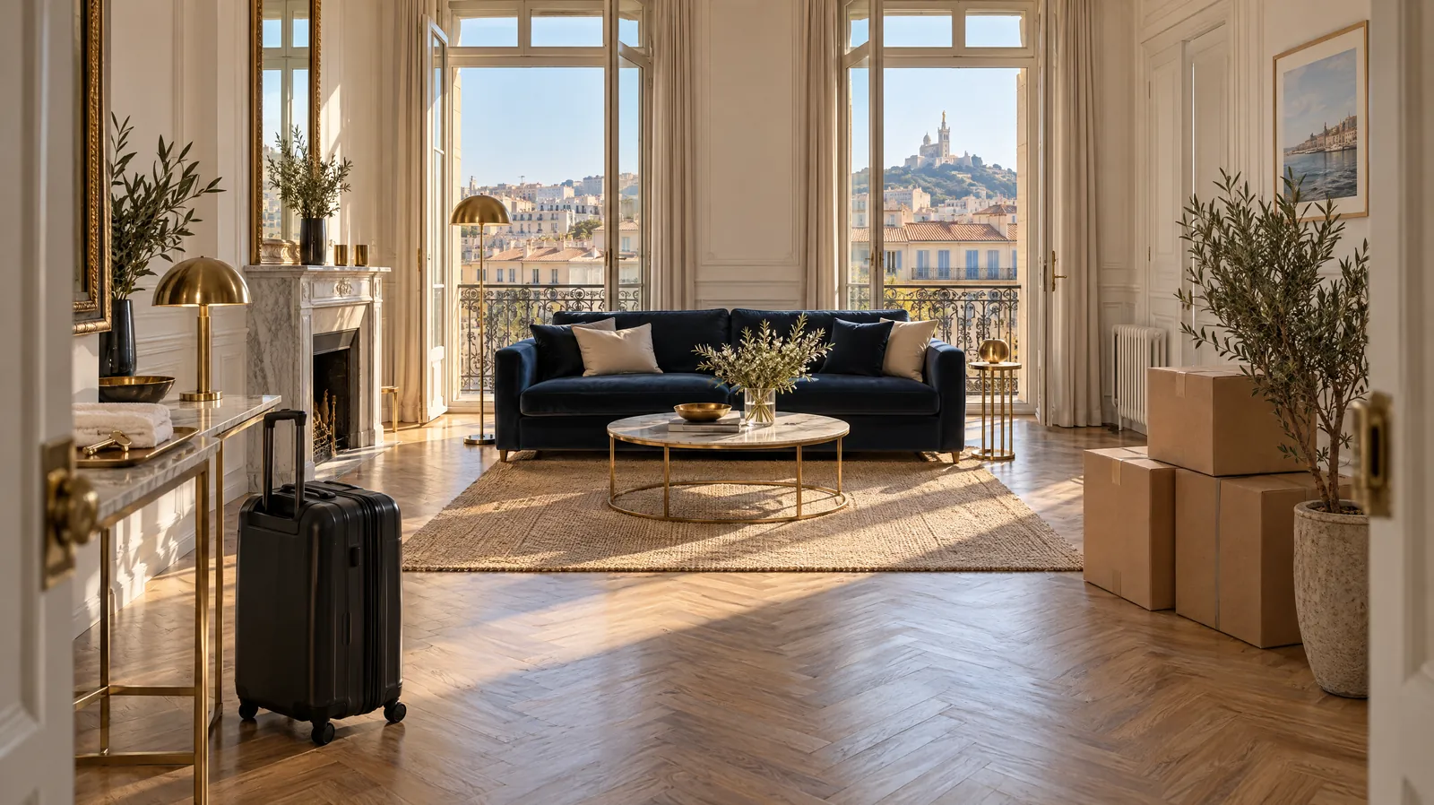 Salon lumineux d'un appartement marseillais avec une valise de voyage d'un côté et des cartons de déménagement de l'autre, vue sur Notre-Dame de la Garde (illustration)