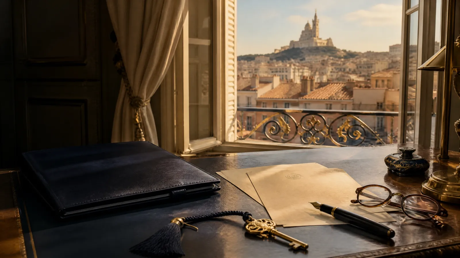 Bureau devant une fenêtre ouverte sur les toits de Marseille et Notre-Dame de la Garde, avec un dossier, une clé dorée et un stylo-plume (illustration)
