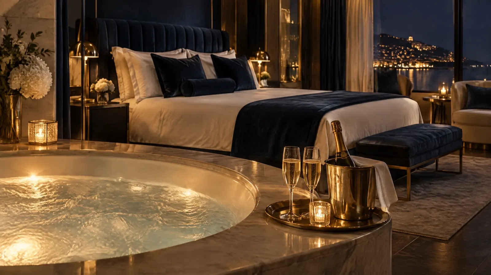 Suite élégante pour deux avec jacuzzi éclairé, lit aux draps blancs et coussins bleu nuit (illustration)