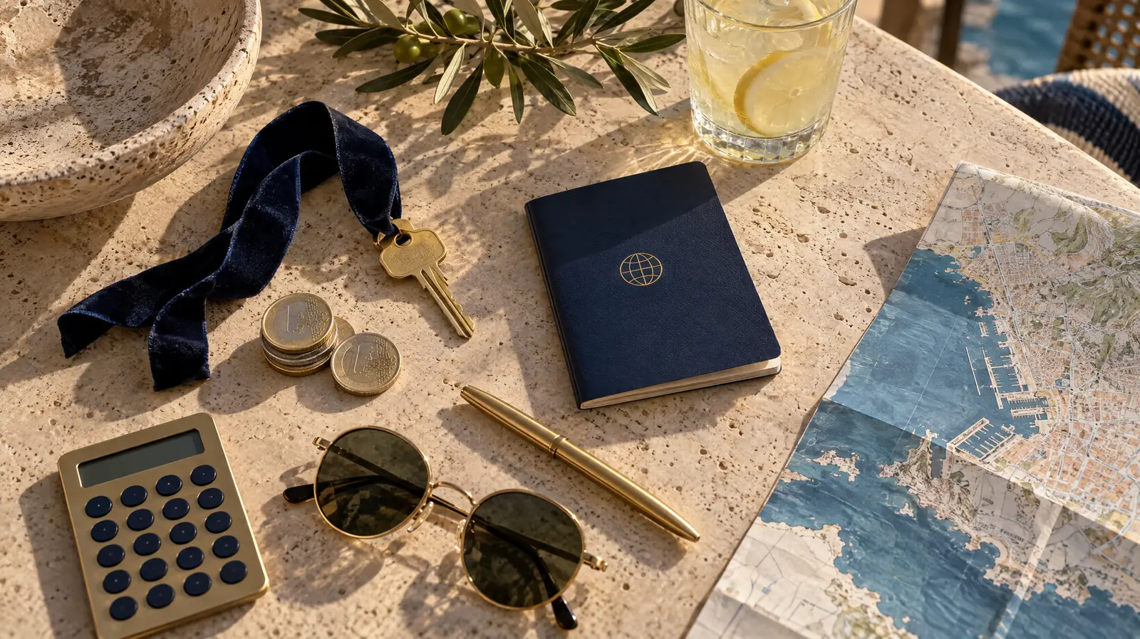 Table en travertin au soleil avec une clé dorée sur un ruban bleu nuit, des pièces d'euros, un passeport, une calculatrice et un plan de Marseille (illustration)
