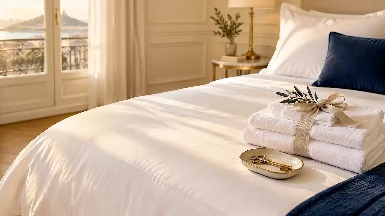 Un lit fait au carré, des serviettes pliées et une clé dorée posée sur un plateau, prêts pour l'arrivée des voyageurs