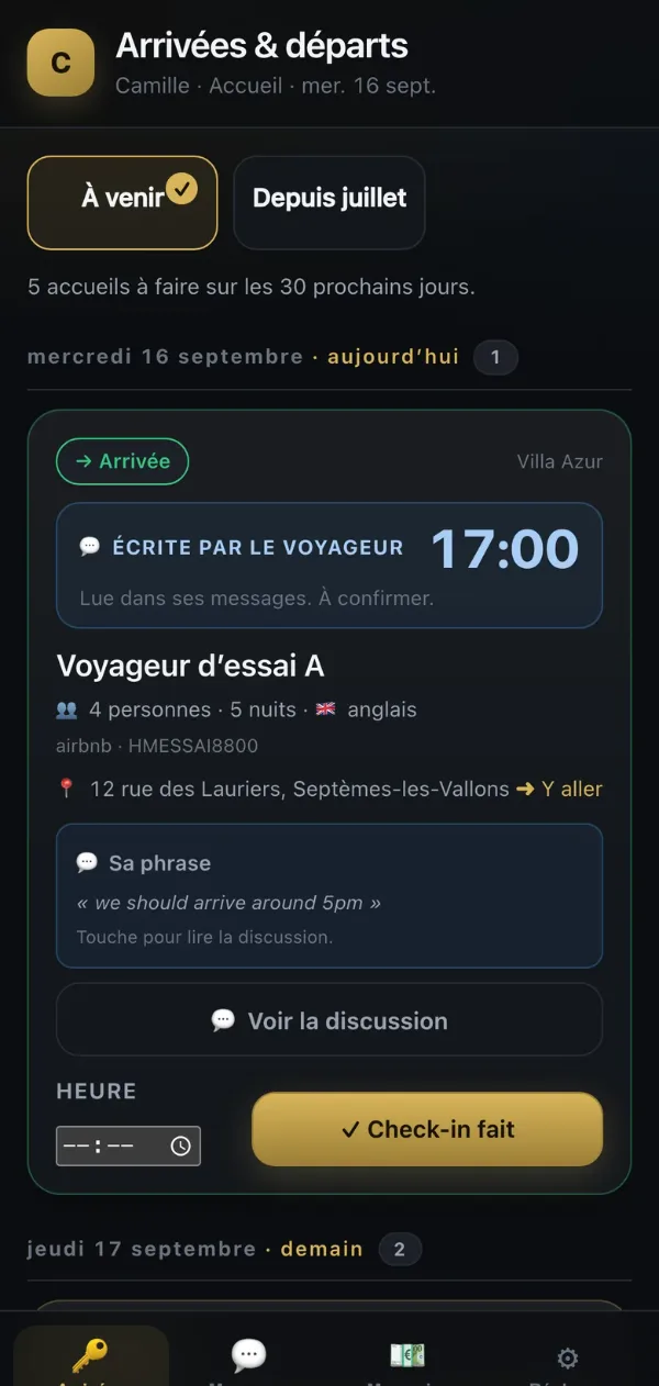 Écran des arrivées et départs du jour dans l'application SmartHost