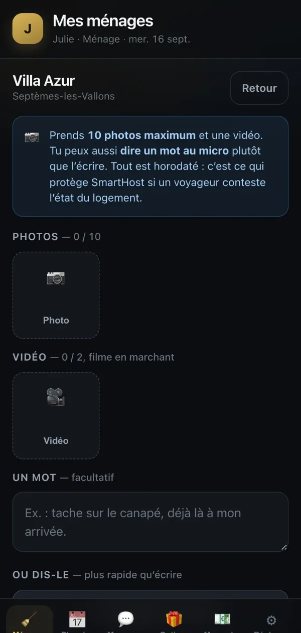 Écran de suivi des ménages avec photos dans l'application SmartHost